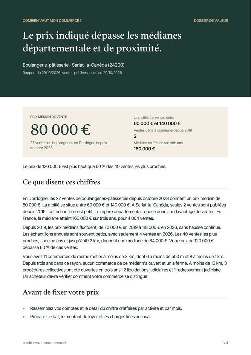 Page 1 d'un vrai dossier de valeur : le prix médian, la fourchette et la lecture des chiffres